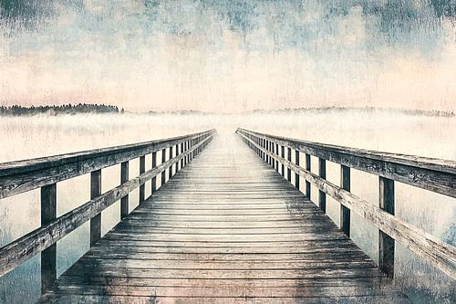 Rustieke houten brug in mist