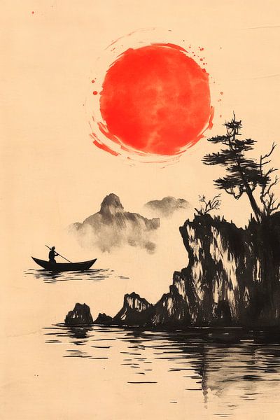 Rustig landschap met rode zon van Poster Art Shop