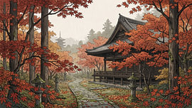 Herfstrust in een traditionele Japanse bergtempel van my pixel art