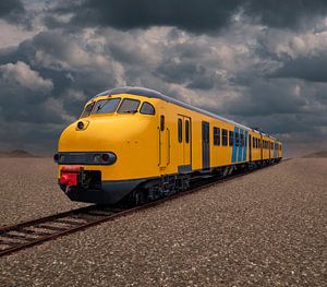 Train historique Mat'64 NSM 876 dans un paysage surréaliste