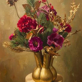 Oil Painting Still Life - Winter Flowers in Golden Vase by By Marjolein Design