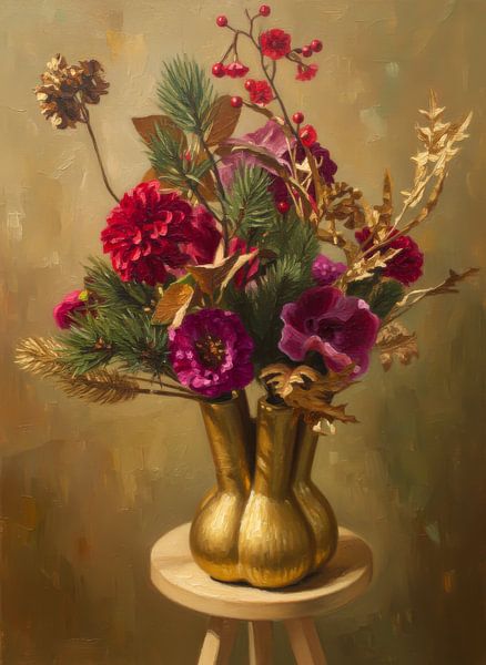 Oil Painting Still Life - Winter Flowers in Golden Vase by By Marjolein Design