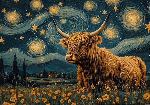 Schotse Hooglanders in van Gogh-stijl