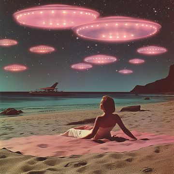 Buitenaards strand bij nacht collage kunst van Samantha Hearn