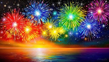 Feux d'artifice aux multiples couleurs entre ciel et eau sur AidasignArt