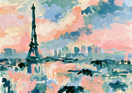 Paris skyline with the Eiffel Tower in pastel pink and blue by Niklas Maximilian