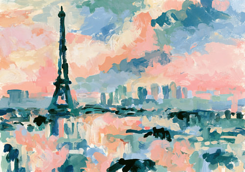 Paris skyline with the Eiffel Tower in pastel pink and blue