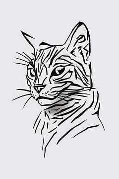 Minimalistische zwart-witte kat illustratie van De Muurdecoratie