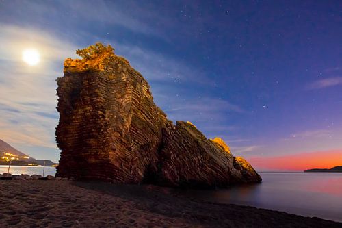 Night landscape (sunset), a dark blue nest with stars, a red streak of evening dawn and a huge cloak