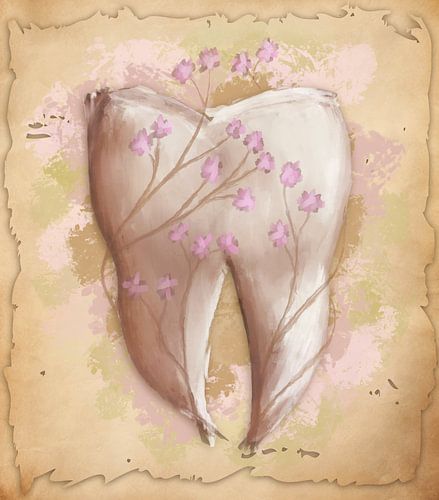 Painting tooth & flowers. Vintage style. Dentistry, dental practice, dental assistant.