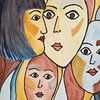 Unknown faces (Cheerfully coloured painting with 4 faces in cubist style) by Birgitte Bergman