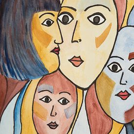 Unknown faces (Vrolijk gekleurd schilderij met 4 gezichten in kubistische stijl) van Birgitte Bergman