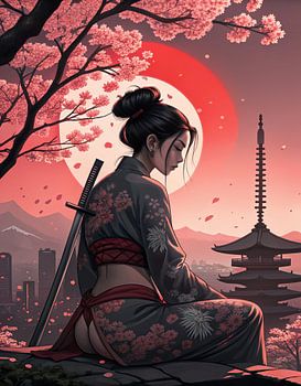 Japanese fighter woman with sword under cherry tree