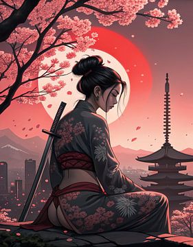 Femme japonaise combattante avec un sabre sous un cerisier sur Maxim Schulkin