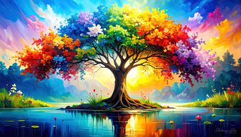 Arbre de vie sur l'île du silence au coucher du soleil - entre la couronne arc-en-ciel, la lumière dorée et le souffle silencieux de l'eau