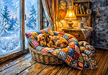 Dachshund Resting in Cozy Winter Window Basket