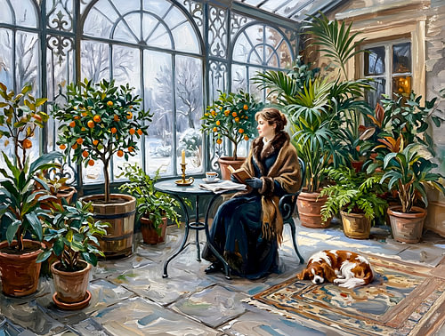 Gezellige winterorangerie met een Cavalier-spaniël