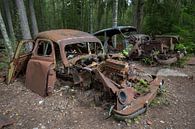 Auto kerkhof in bos in Ryd, Zweden van Joost Adriaanse thumbnail