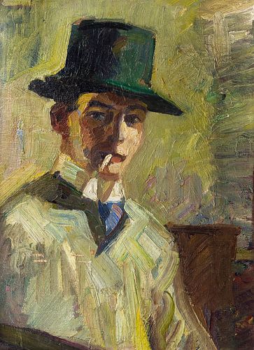 Hermann Stenner - Self-portrait with high hat and cigarette (1910)