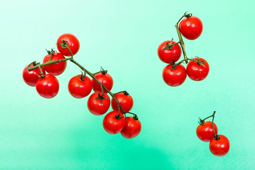 Rode kerstomaten tegen een groene achtergrond van Wim Stolwerk