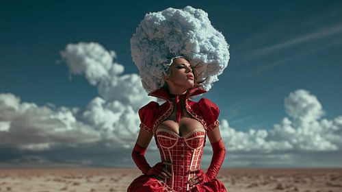 vrouw met hoofd in de wolken