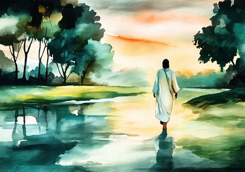 Jésus au coucher du soleil - aquarelle