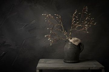 Still life with magnolia branches in bud in stone jar (horizontal) by Mayra Fotografie