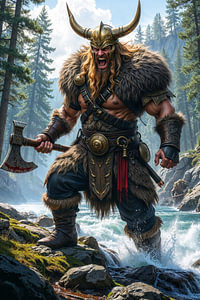 Dark Fantasy Art Wandbild: SKJALDROK - Der mächtige Wikinger mit seiner Axt
