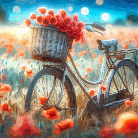 Bicycle poetry in a sea of red flowers by Sabine Wagner