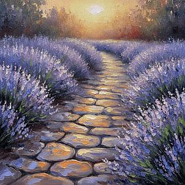 Gouden zonsondergang boven stralende lavendel van Artistic