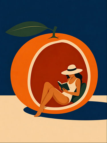 Summer illustration of a woman reading, in a large orange