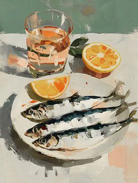 Stilleven van sardines op een bord met citroen en water van Lina van Oers
