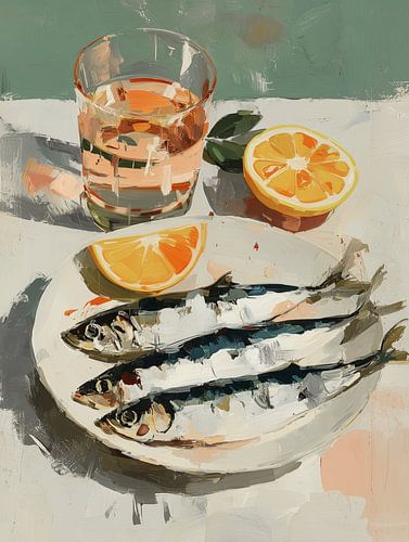 Still life of sardines on a plate with lemon and water