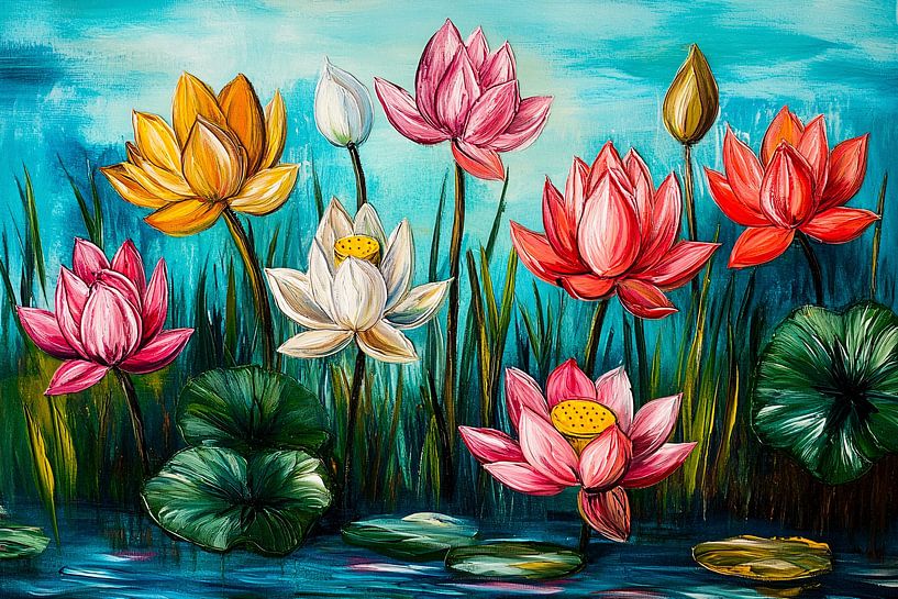 Colourful lotus flowers in pond by Imperial Art House