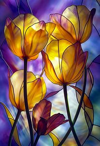 image d'un vitrail représentant des tulipes au soleil