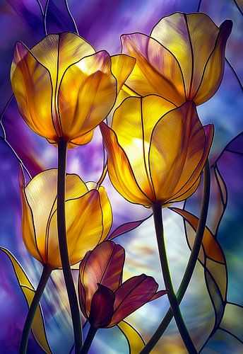 image of a stained-glass artwork of tulips in sunlight