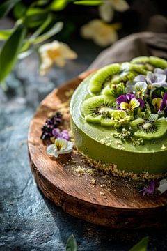 Groene kiwitaart met eetbare bloemen van Poster Art Shop