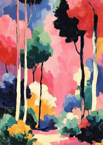 Black silhouettes in the pink forest