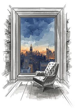 Leseecke in der Dämmerung. Blick auf die Metropole