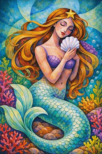 Mermaid with a shell painting.