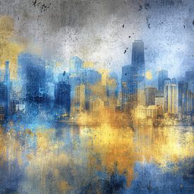Abstract Cityscape in Blue and Gold - Fine Art by BowiScapes - Fine Art and Urban Wall Art