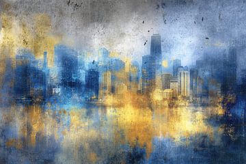 Abstraktes Stadtbild in Blau und Gold - Fine Art von BowiScapes – Kunst und urbane Wandgestaltung