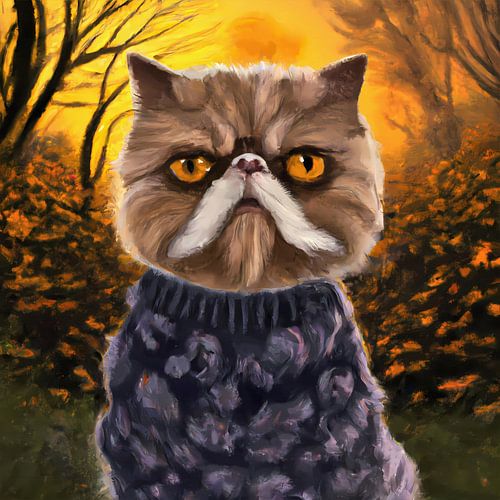Beau chat persan brun et blanc avec un pull-over tricoté dans le jardin