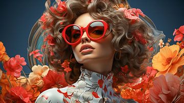 Portrait d'une femme des années 90 avec des lunettes de soleil rouges sur Animaflora PicsStock