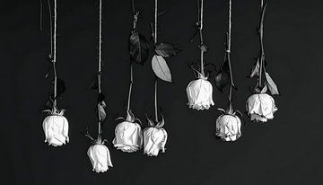 Modern en minimalistisch Stilleven met verwelkte rozen in zwart-wit van Studio Pieternel