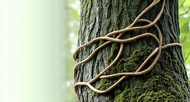 Liana entwines tree trunk in spring forest