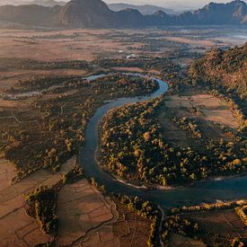 River with mountains in the background from hot air balloon in Laos