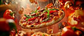Schwebende Pizza mit frischen Zutaten von Poster Art Shop