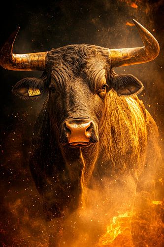 Portret van een stier in een vurige omgeving