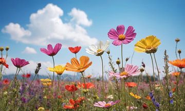 Een bloemenveld met een blauwe lucht op de achtergrond